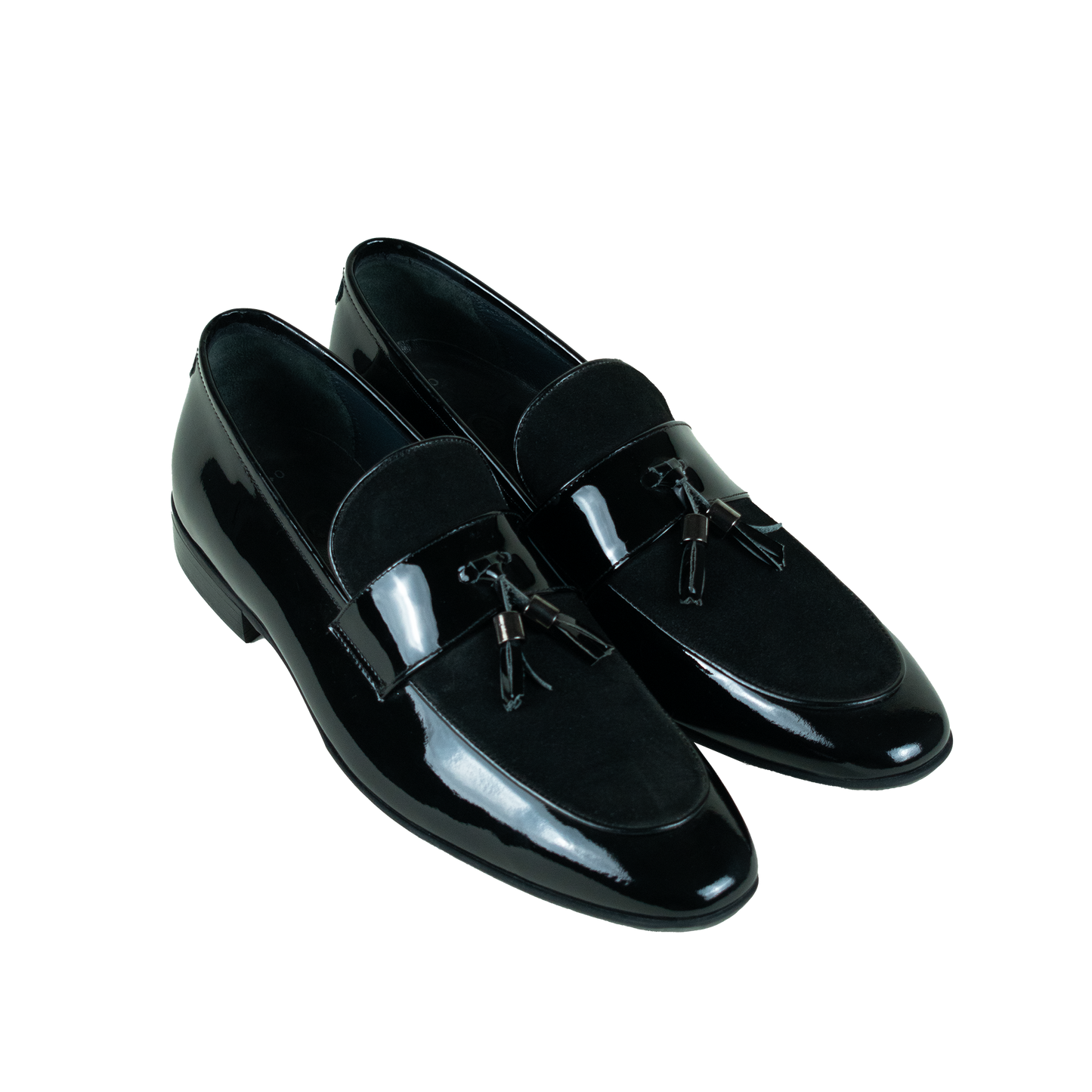 Shiny black leather and suede