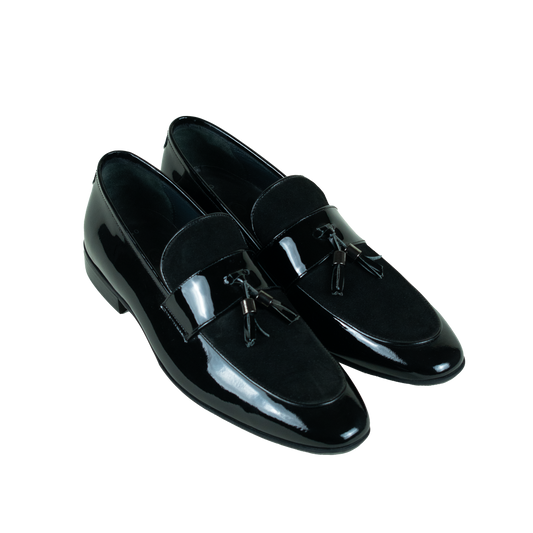 Shiny black leather and suede