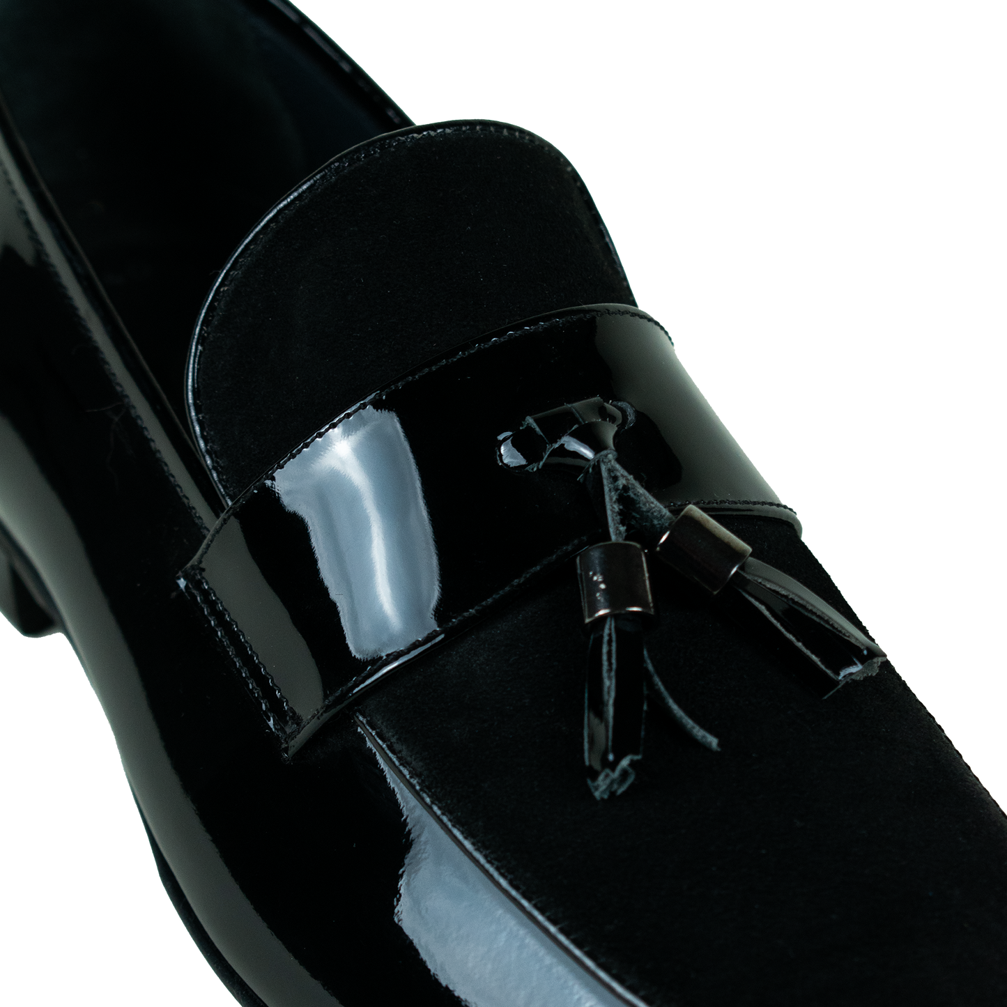 Shiny black leather and suede