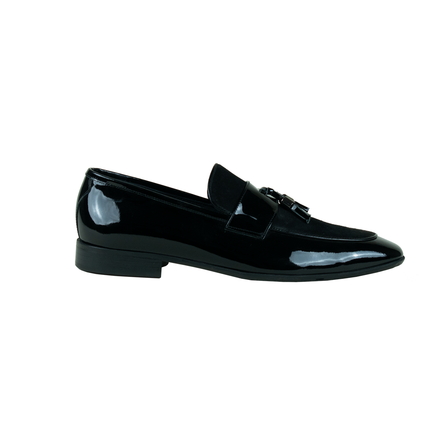 Shiny black leather and suede